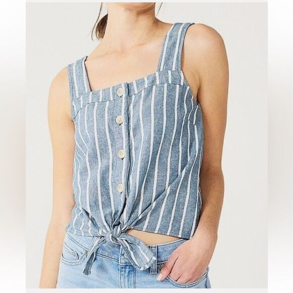 NWT SONOMA SQUARE NECK TIE HEM BUTTON DENIM BLUE WHITE STRIPE LINEN TANK TOP XXL - Picture 1 of 13